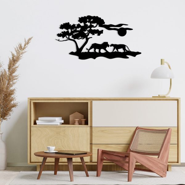 Art mural métal savane avec des lions