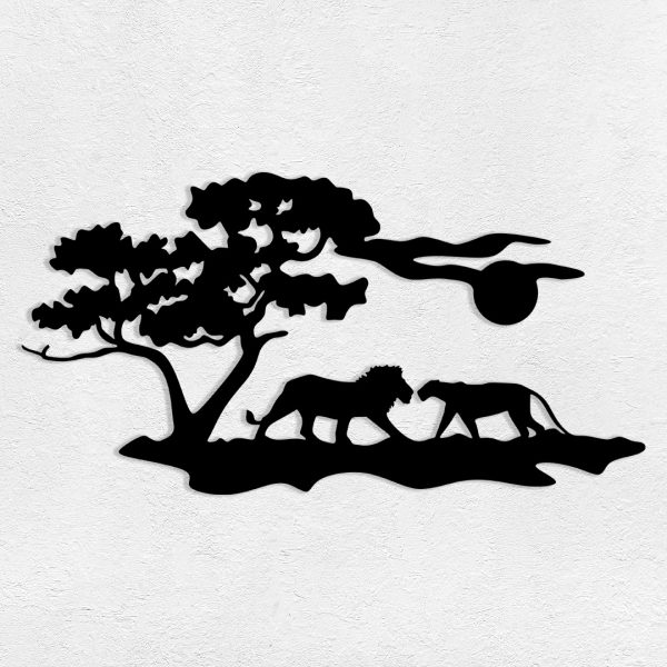 Deco murale métal savane avec des lions