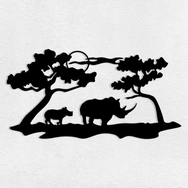 Deco murale métal savane avec des rhinocéros