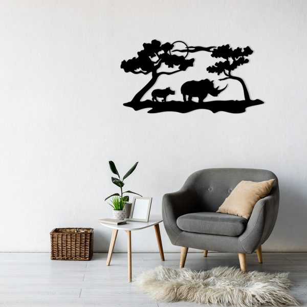 Décoration murale métal savane avec des rhinocéros