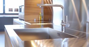 Plan de travail pour une cuisine moderne en inox brillant